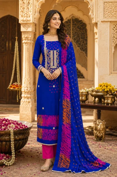 Premium Modal Silk Bandhani Suit Set Salwar Suit — Sea Green