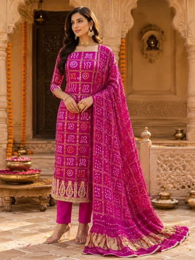 Gaji Silk Bandhani Suit Set With Salwar Suit — Teal