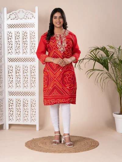 Rajasthani Pure Georgette Marwadi Chunri Bandhej Kurti — Mint Green