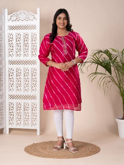 New Launch Jaipuri Designer Chinon Lehriya Kurti — Peach