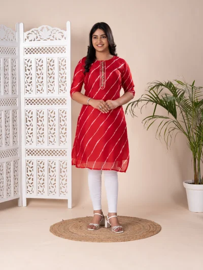 New Arrival Jaipuri Designer Chinon Lehriya Kurti — Maroon