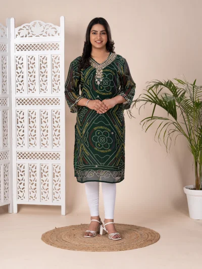 Latest Pure Georgette Marwadi Chunri Bandhej Kurti — Coral